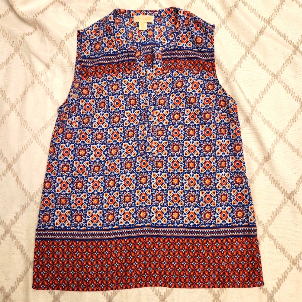 Lucy & Laurel Geometric Tribal Print Sleeveless Top - Size S - Navy Orange White